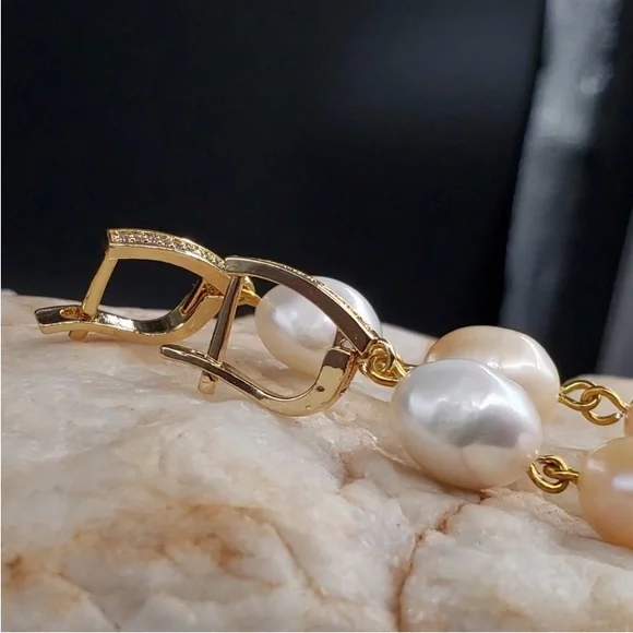 Gold Plated Genuine Freshwater Pearl Earrings with White Topaz Stones - Picture 5 of 7